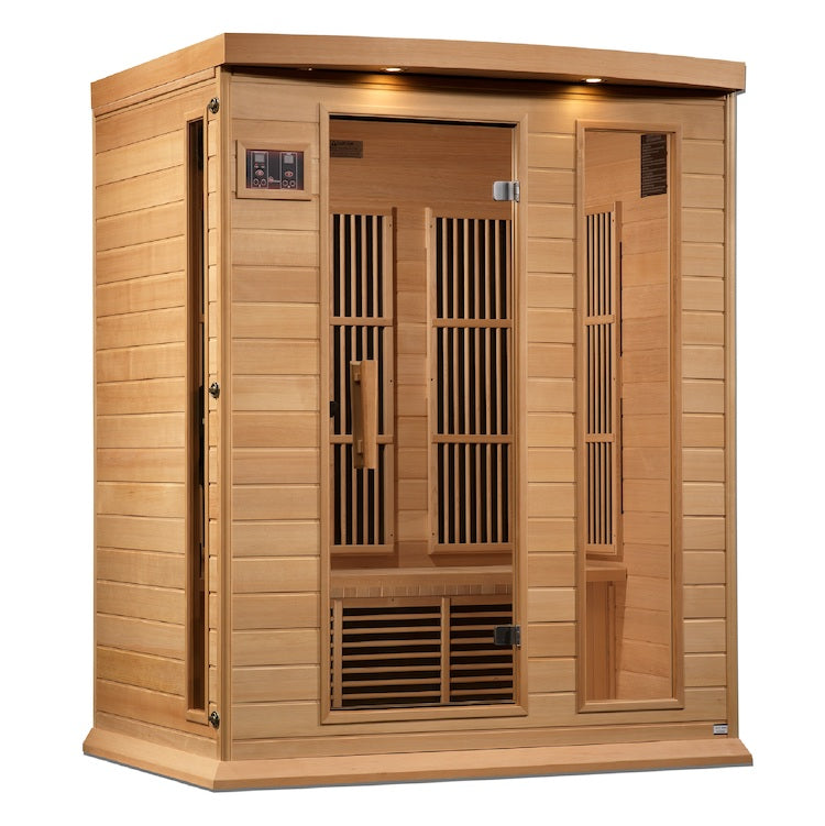 An Maxxus Saunas EMF-friendly wooden infrared sauna designed with Maxxus 3-Person Near Zero EMF FAR Infrared technology for optimal health benefits and SEO optimization.