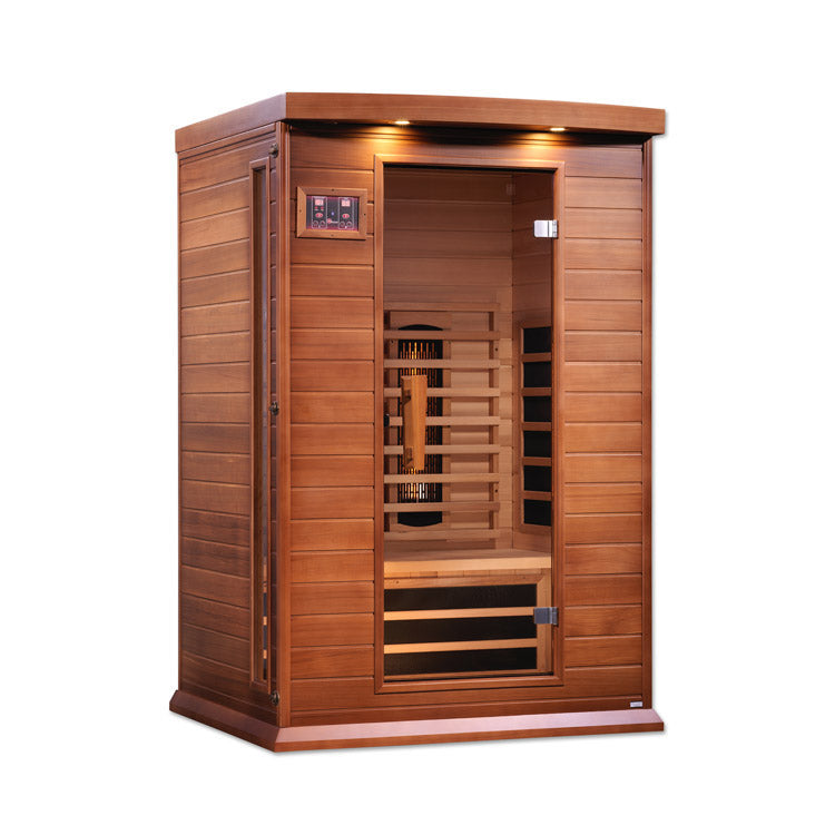 A Maxxus Saunas 2-Person Full Spectrum Near Zero EMF FAR Infrared Sauna (Canadian Red Cedar) featuring a wooden door, designed to provide the ultimate EMF-free relaxation experience.