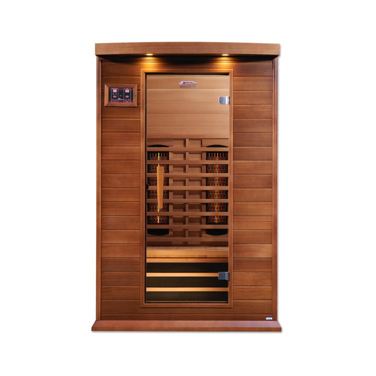 A Maxxus Saunas Full Spectrum Infrared Sauna with a wooden door.