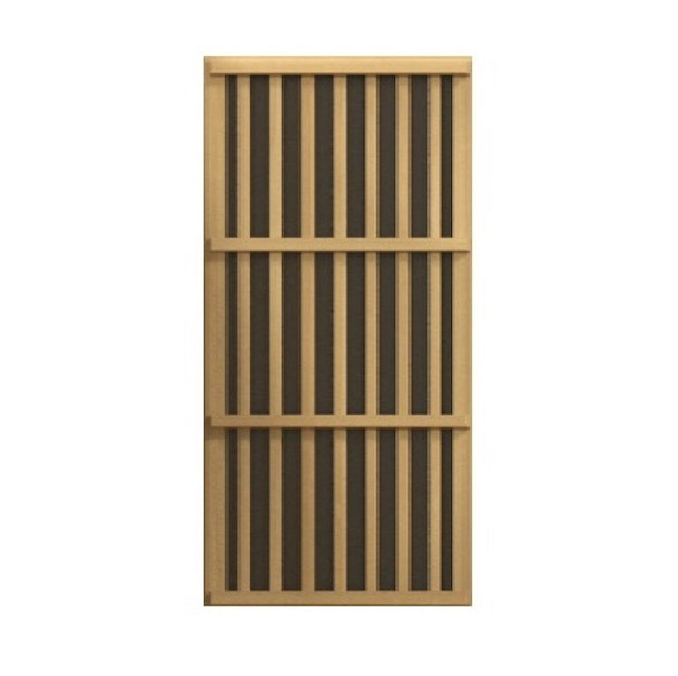 A Maxxus Saunas 2-Person Near Zero EMF FAR Infrared Sauna (Canadian Hemlock) featuring a wooden grate on a white background, designed with Near Zero EMF technology for a safer and more effective infrared sauna experience.