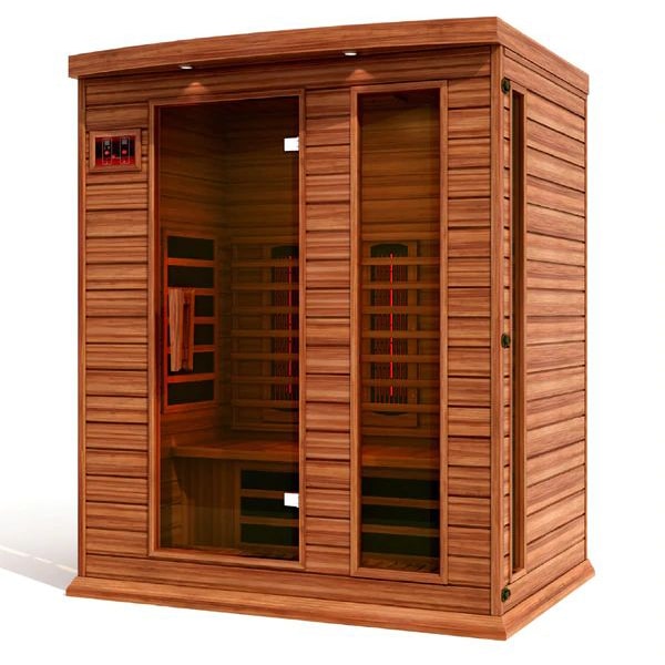 A Maxxus Saunas infrared sauna made of Canadian Red Cedar wood, featuring two doors.