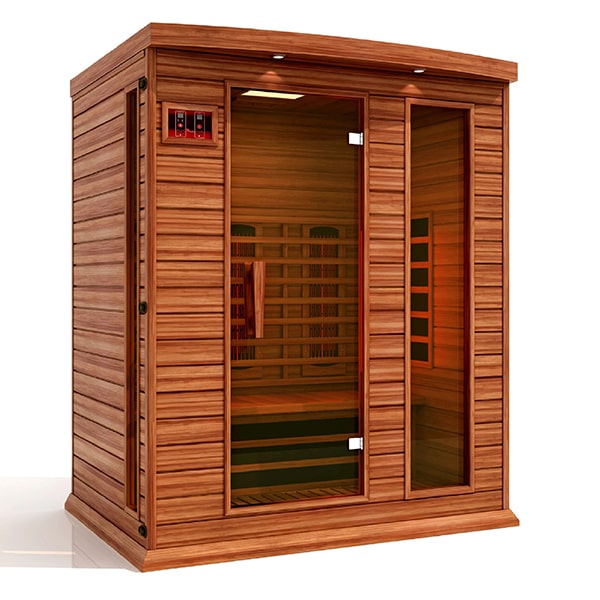 A Maxxus 3-Person Full Spectrum Near Zero EMF FAR Infrared Sauna (Canadian Red Cedar) with glass doors.