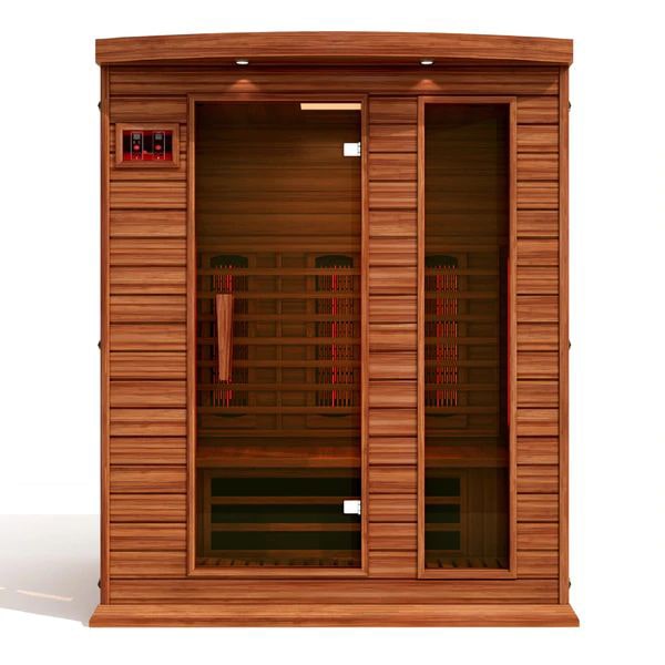 A Maxxus Saunas cedar infrared sauna with two doors.