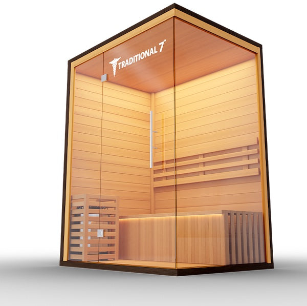 A Medical Sauna made of wood, offering health benefits and equipped with a glass door.