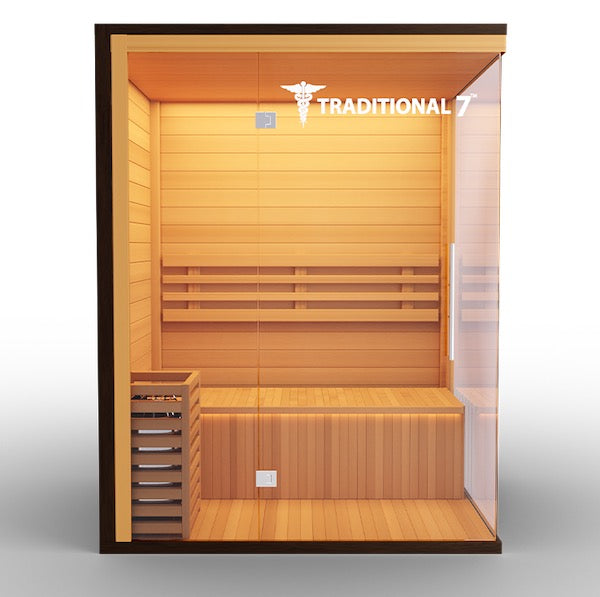 A Medical Sauna Traditional Sauna with a glass door, offering health benefits.