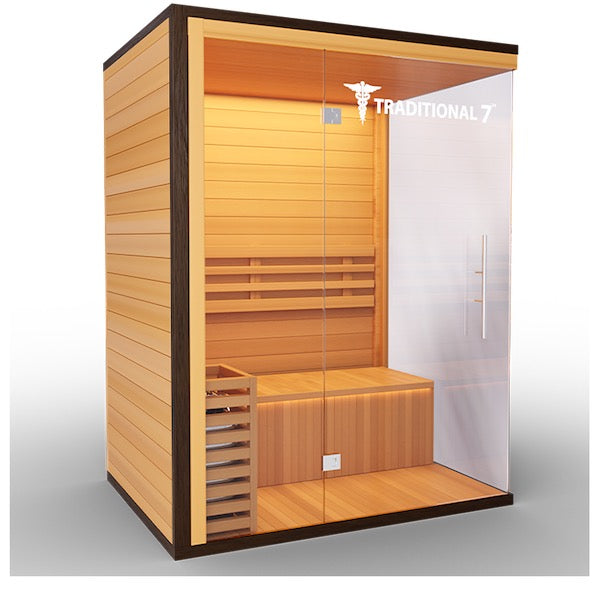 A Medical 7 Traditional Sauna with a glass door that offers health benefits.