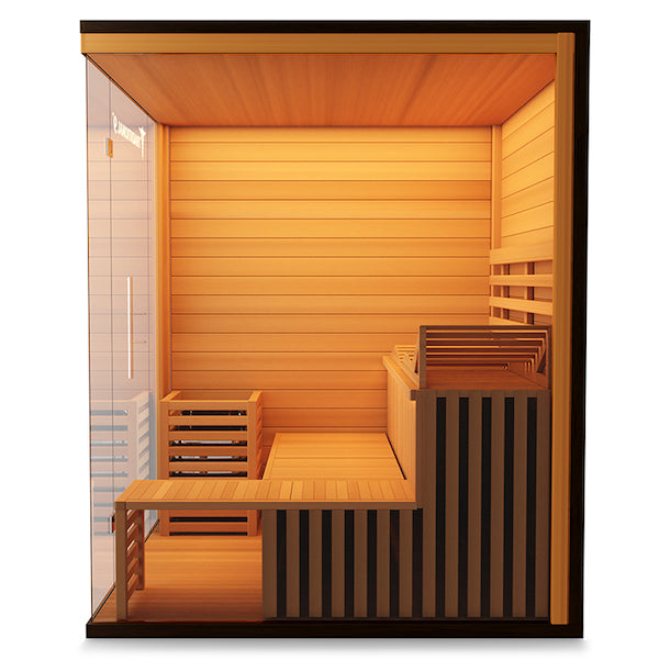 A Medical Sauna 9 Plus Traditional Sauna with a wooden bench offering health benefits.