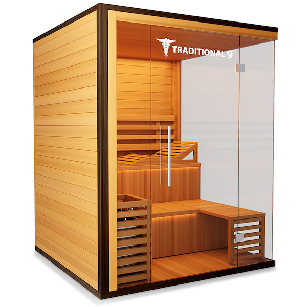 A Medical Sauna 9 Plus Traditional Sauna with glass doors providing health benefits.