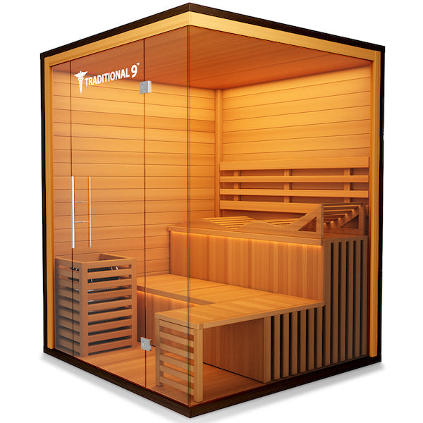 A Medical Sauna Medical 9 Plus Traditional Sauna with a wooden door offering health benefits.