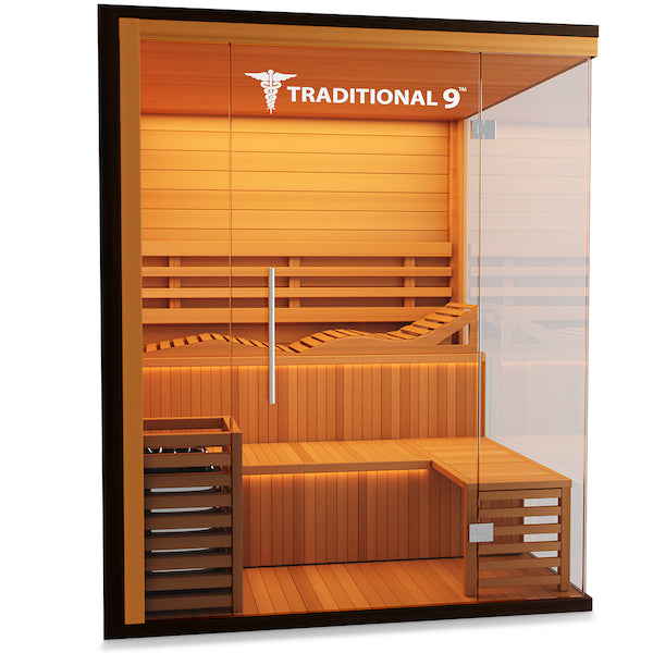 A Medical Sauna 9 Plus Traditional Sauna with a glass door, providing traditional appeal and numerous health benefits.