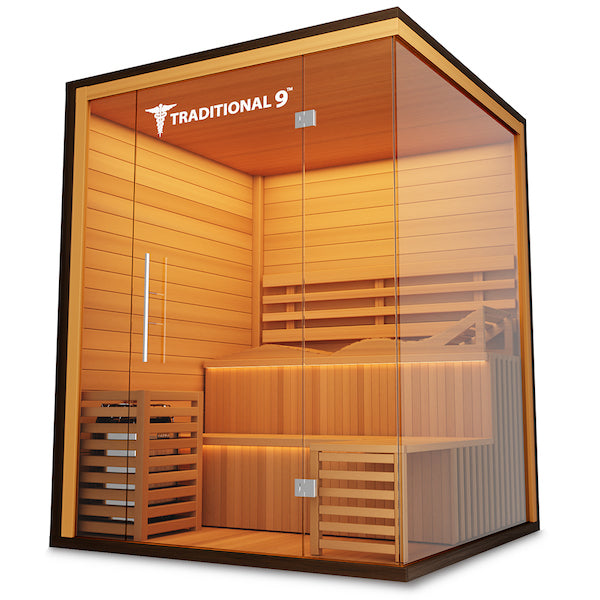A Medical 9 Plus Traditional Sauna with a glass door offering health benefits.