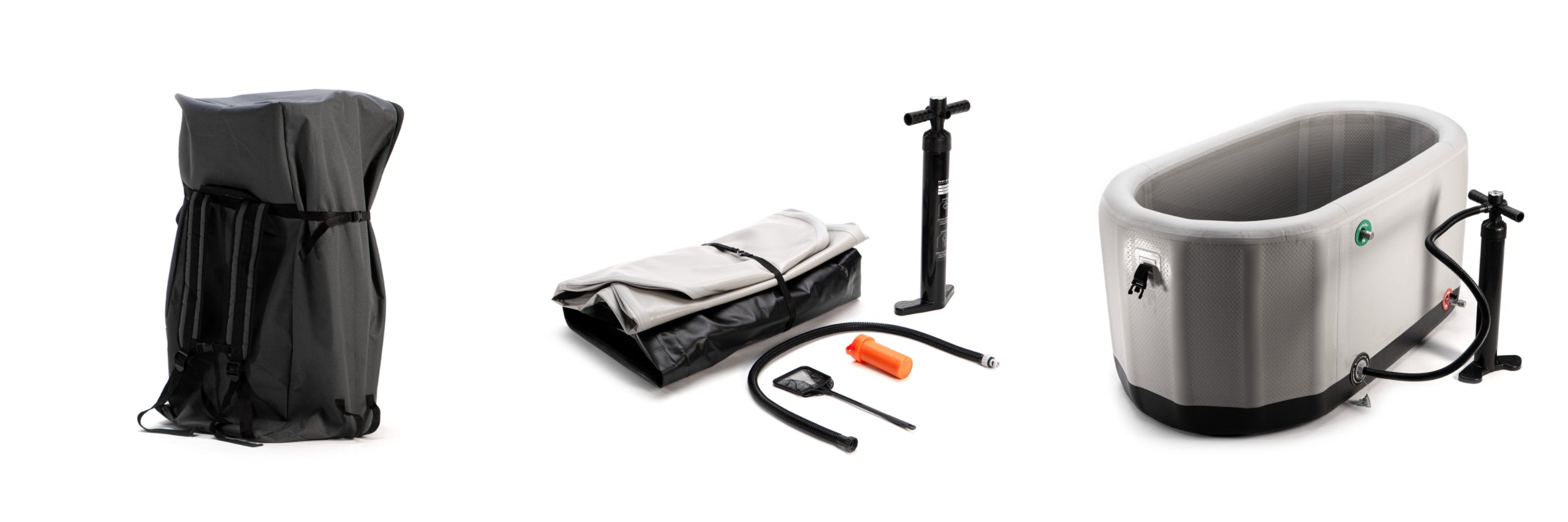 A set of items including a Cryospring Cold + Hot Plunge System bag and a cold plunge toiletry bag. (Brand name: CRYOSPRING)