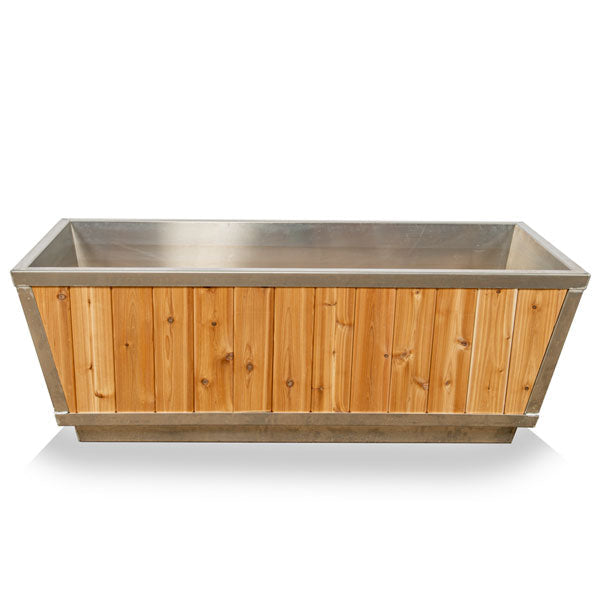 A Dundalk LeisureCraft The Polar Plunge Tub is a large wooden tub with a metal frame designed for cold plunge therapy.