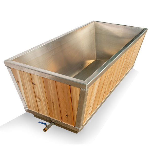 A Dundalk LeisureCraft The Polar Plunge Tub with a wooden base, perfect for cold plunge therapy.