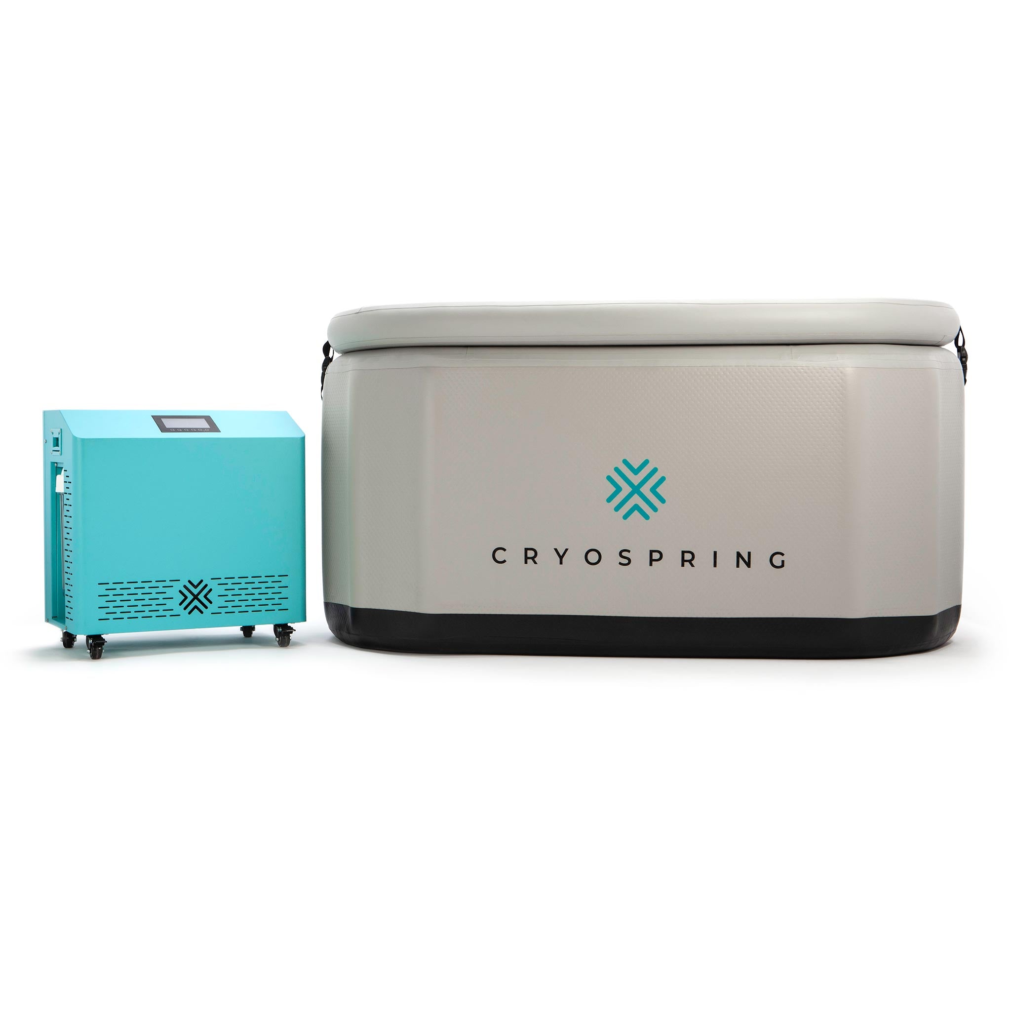 A blue Cryospring Cold + Hot Plunge System with the word CRYOSPRING on it, perfect for your recovery routine.