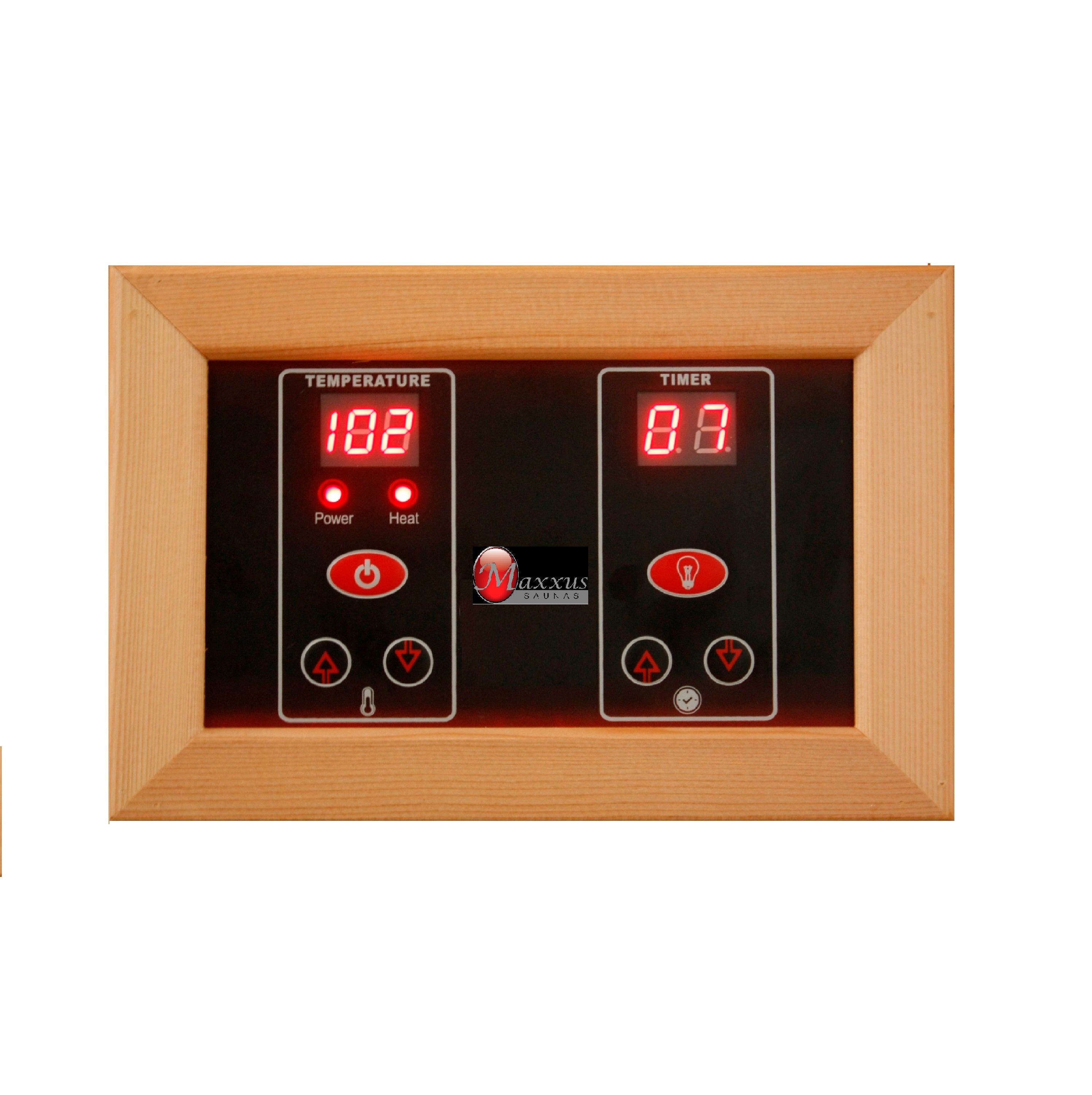 A wooden panel with two digital clocks on it, featuring the Maxxus Saunas brand and free from EMF emissions, showcasing the Maxxus 2-Person Full Spectrum Near Zero EMF FAR Infrared Sauna (Canadian Red Cedar).