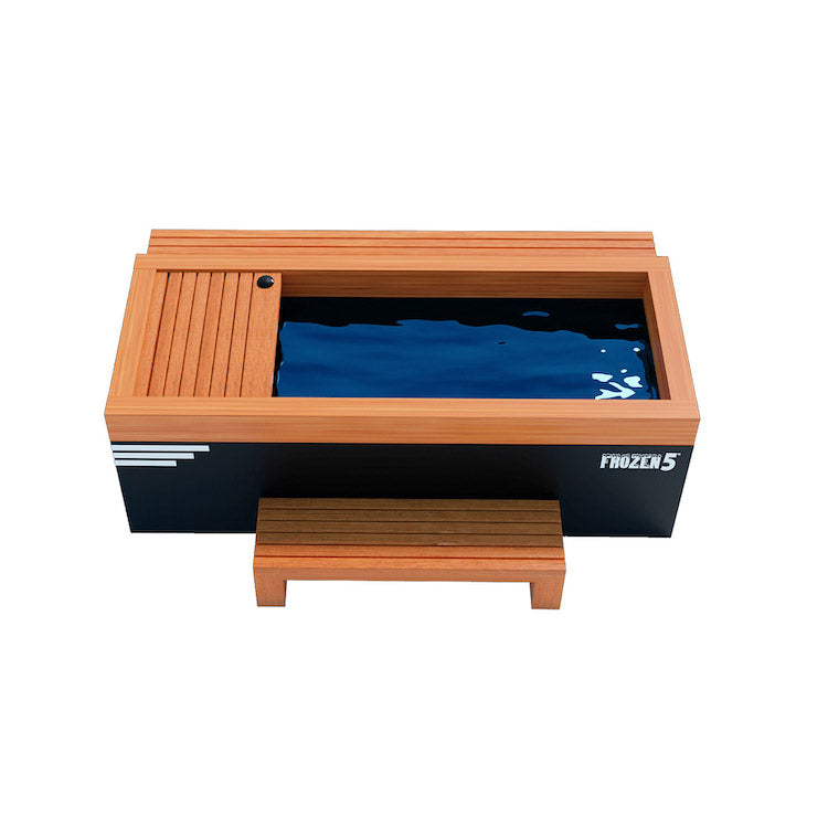A wooden box with a blue Medical Frozen 5 Cold Plunge by Medical Sauna in it.