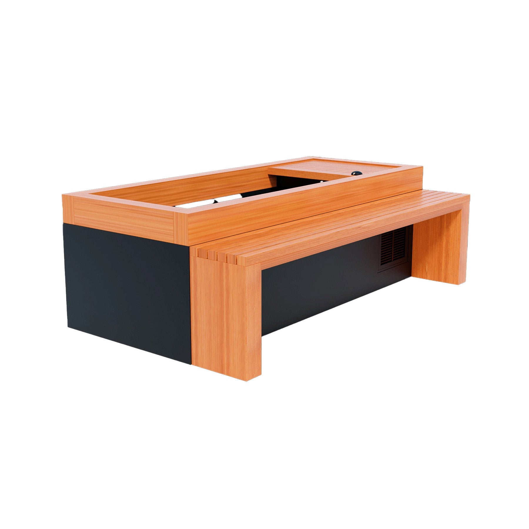 A wooden bench with a black top and a black base, enhanced with a Medical Sauna Frozen 2 Cold Plunge.