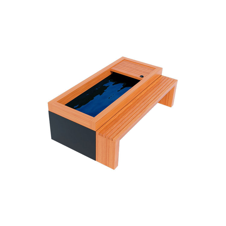 A wooden table with a blue bowl on top, perfect for using as a Medical Frozen 2 Cold Plunge by Medical Sauna.