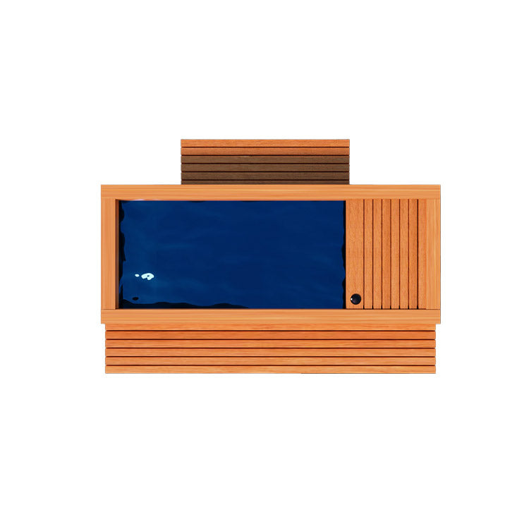 A wooden box with a blue screen on it, designed for the Medical Sauna Frozen 2 Cold Plunge experience.