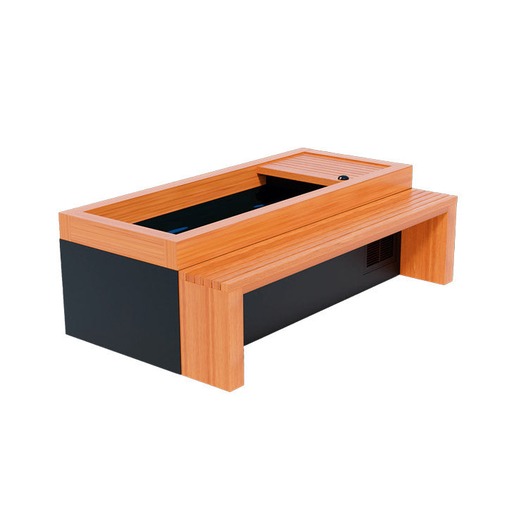 A wooden bench with a black and orange frame, perfect for adding a Medical Frozen 5 Cold Plunge from Medical Sauna or creating an essential oil infuser experience for ultimate relaxation.