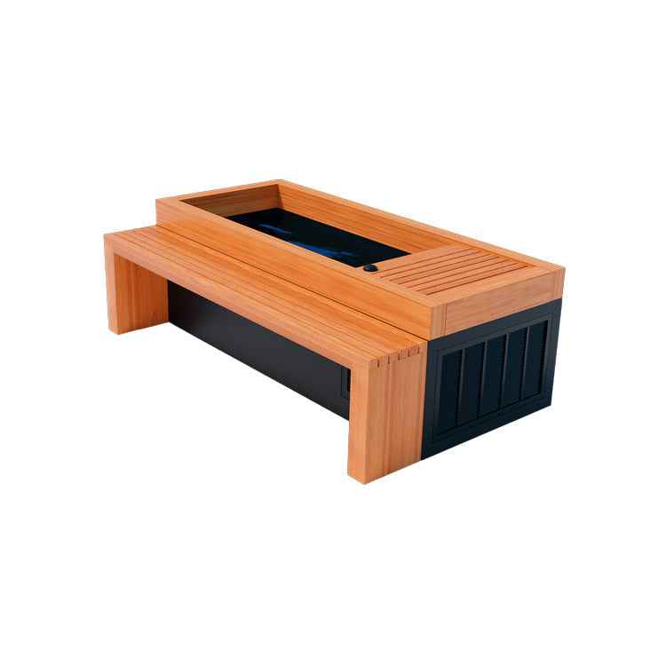 A Medical Sauna wooden bench with a black top infused with essential oils.