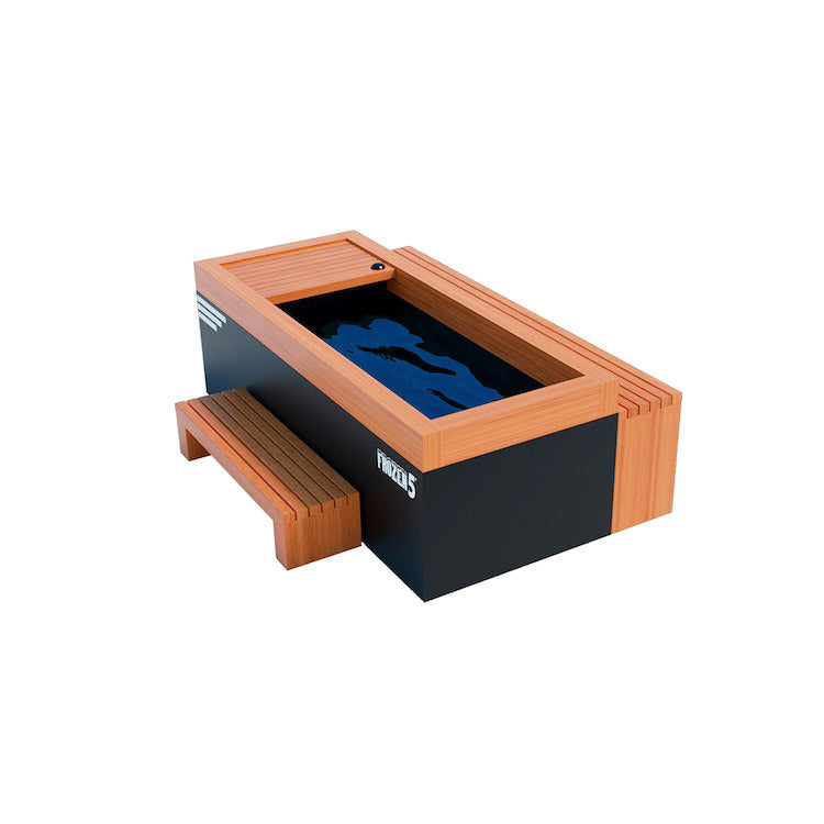 A wooden box with a Medical Frozen 5 Cold Plunge from Medical Sauna in it, ideal for the cold plunge therapy experience.