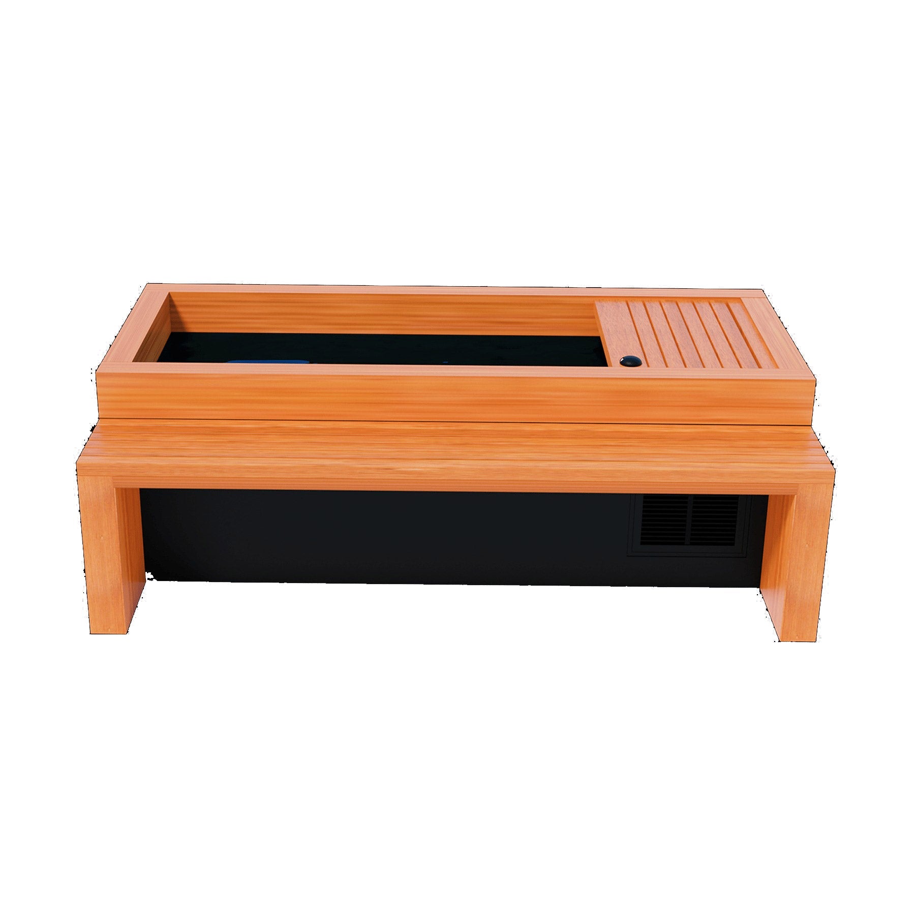 A Medical Sauna wooden hot tub with a black lid equipped with an Essential Oil Infuser.