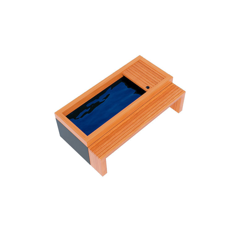 A small wooden box with a blue Medical Frozen 5 Cold Plunge by Medical Sauna in it.