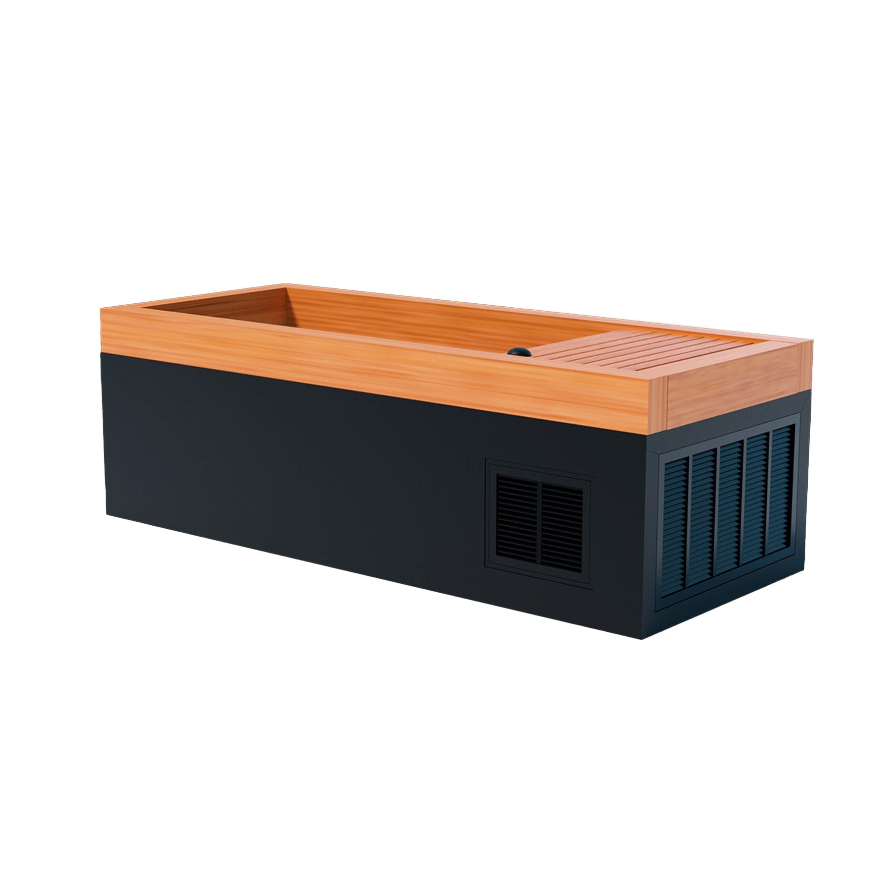 A black box with a wooden lid, perfect for a Medical Frozen 4 Cold Plunge by Medical Sauna.