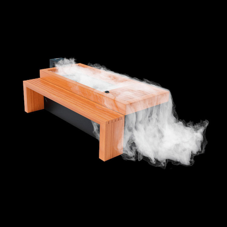 A Medical Sauna wooden bench with smoke and cold water therapy coming out of the Medical Frozen 3 Cold Plunge.