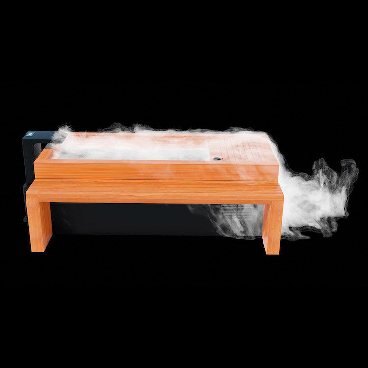 A bench with smoke emanating from it provides a unique twist to the concept of a Medical Frozen 3 Cold Plunge or cold water therapy offered by Medical Sauna.