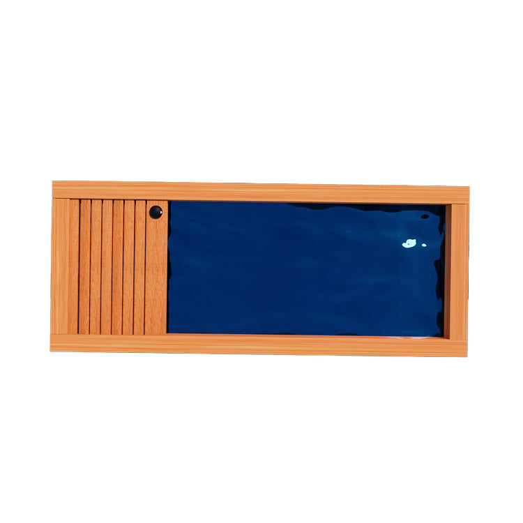 A wooden frame with a Medical Sauna blue window.