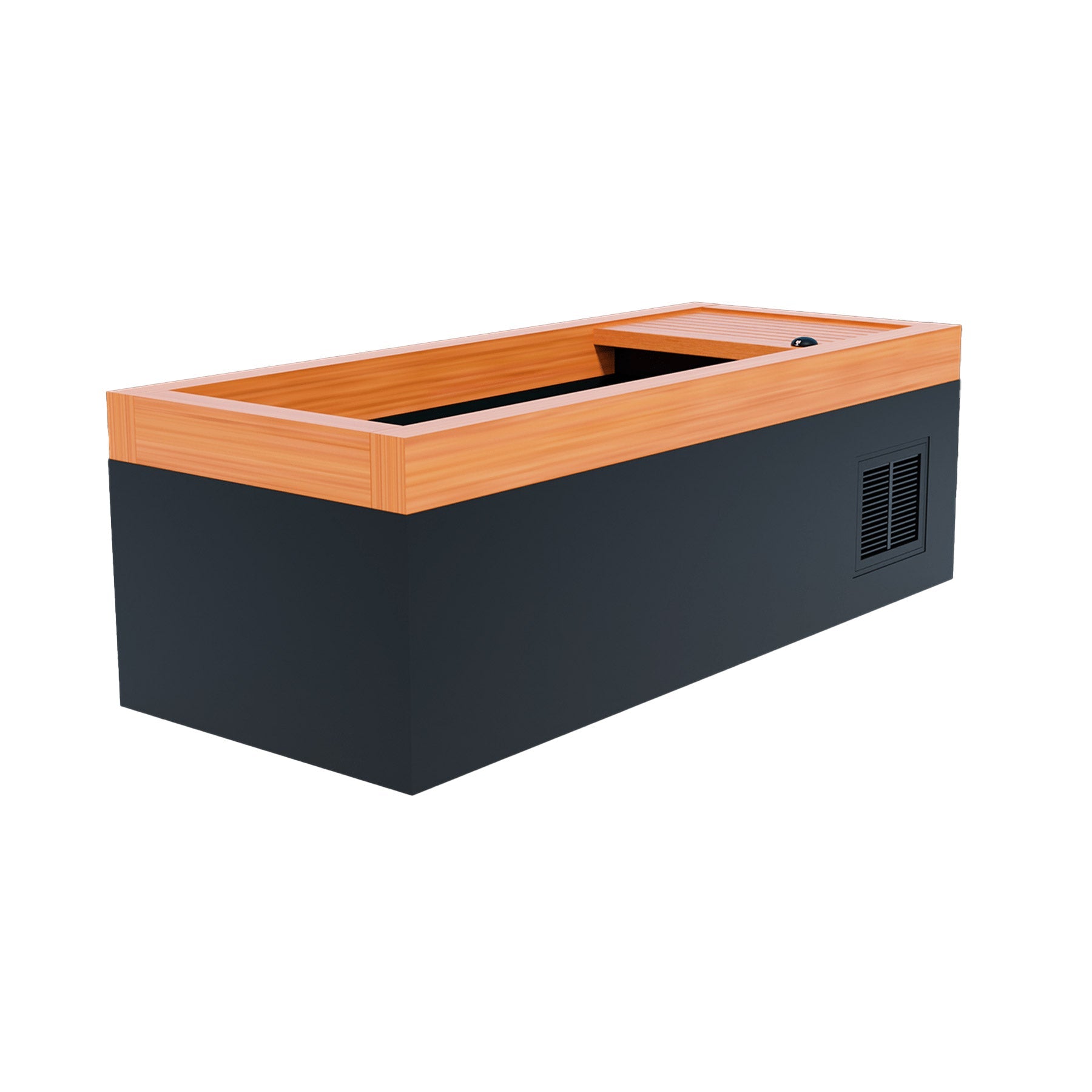 A black box with a wooden top, enhanced with an Medical Frozen 1 Cold Plunge Infuser by Medical Sauna.