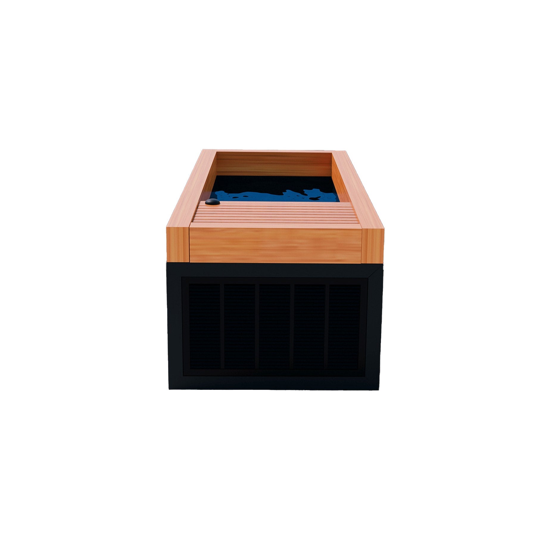 A wooden box with a blue cover on top, perfect for use as a Medical Frozen 4 Cold Plunge or a Steam Generator by Medical Sauna.