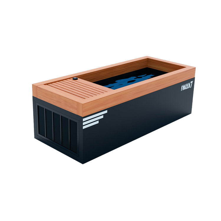 A black box with a wooden top that serves as a Medical Frozen 7 Cold Plunge by Medical Sauna.