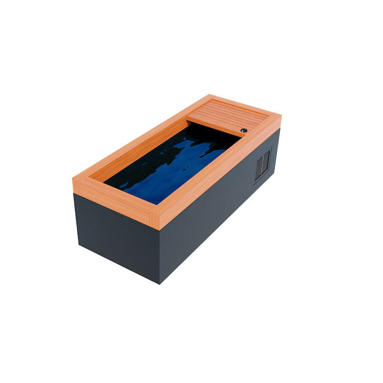 An orange and black box with a blue water in it, featuring a Medical Frozen 1 Cold Plunge experience by Medical Sauna.