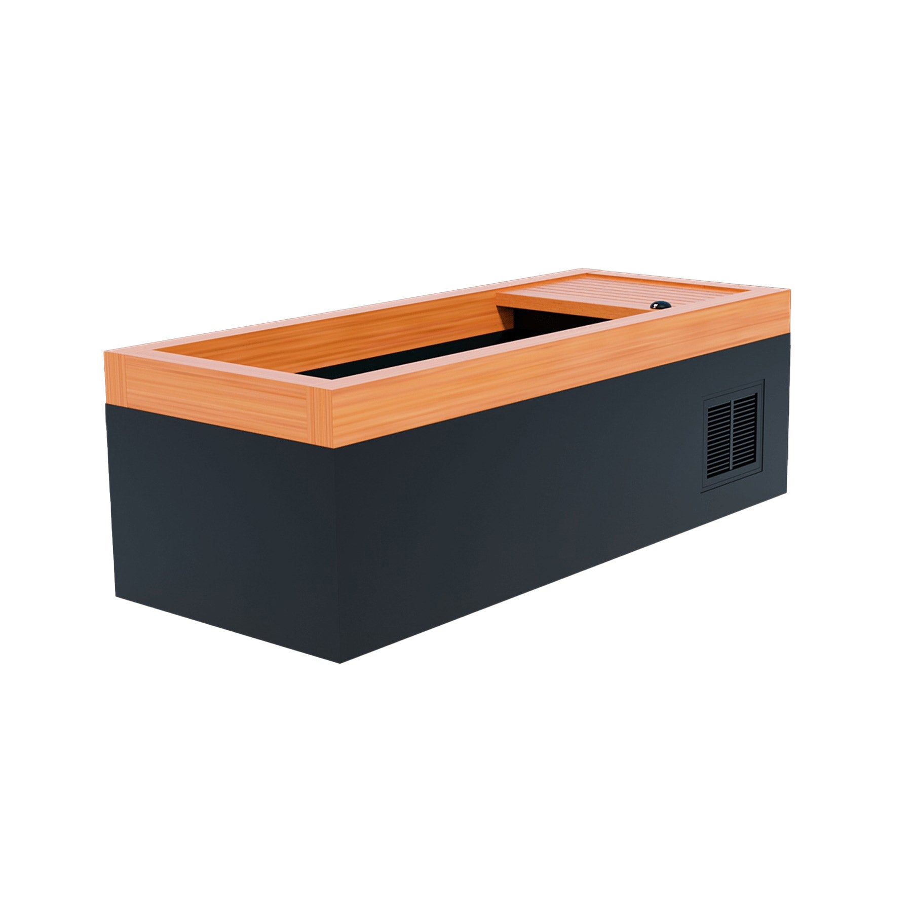 A black Medical Sauna box with a wooden top, infused with essential oils.