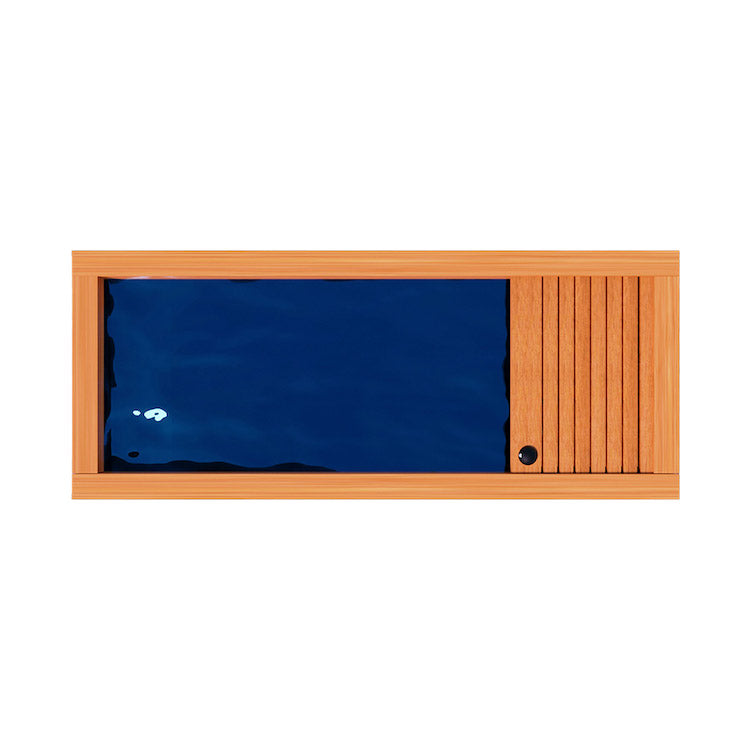 A Medical Sauna wooden window with a blue window frame, featuring a Medical Frozen 1 Cold Plunge essential oil infuser.