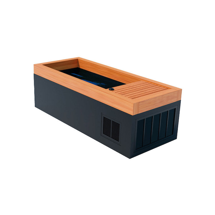 A black box with a wooden lid on it, designed to be used as a Medical Sauna Essential Oil Infuser, called the Medical Frozen 1 Cold Plunge.