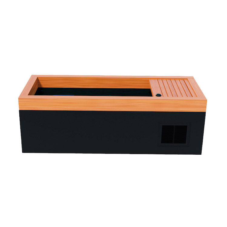 A black wooden box with a wooden lid designed as a Medical Frozen 1 Cold Plunge by Medical Sauna.