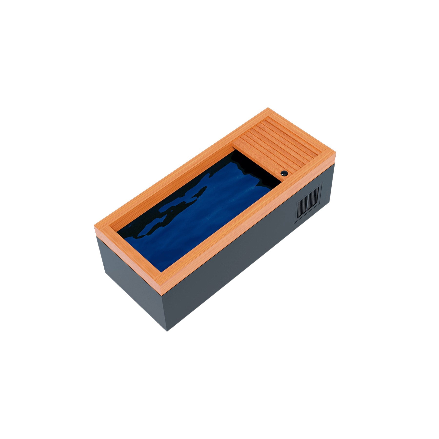 A 3d model of a wooden box with a blue water in it, featuring the Medical Sauna Frozen 4 Cold Plunge concept.