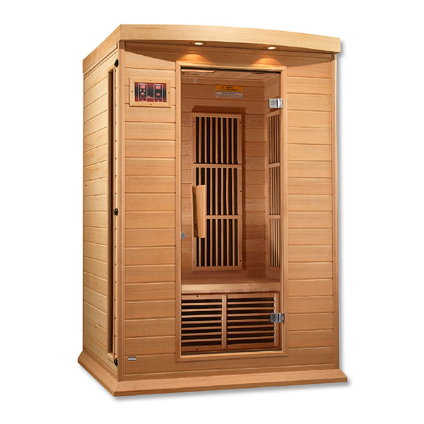 A Maxxus Saunas 2-Person Low EMF FAR Infrared Sauna (Canadian Hemlock) radiating soothing FAR infrared heat on a white background.