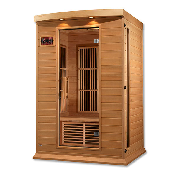 An infrared sauna with a wooden door, providing the benefits of Maxxus 2-Person Low EMF FAR Infrared Sauna (Canadian Hemlock) therapy and equipped with Maxxus Low EMF technology.