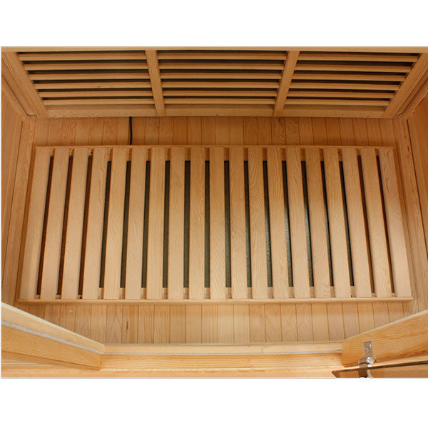 The inside of a Maxxus Saunas infrared sauna with wooden slats and low EMF.