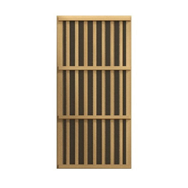 A wooden slatted screen on a white background, featuring the latest Maxxus Saunas 2-Person Low EMF FAR Infrared Sauna (Canadian Hemlock) for optimal infrared sauna sessions.