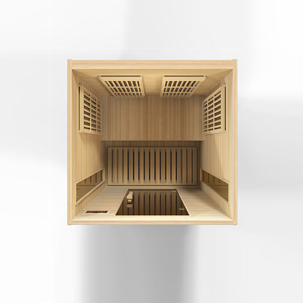 A Maxxus 2-Person Low EMF FAR Infrared Sauna (Canadian Hemlock) in a wooden cube on a white background, emitting FAR infrared heat.