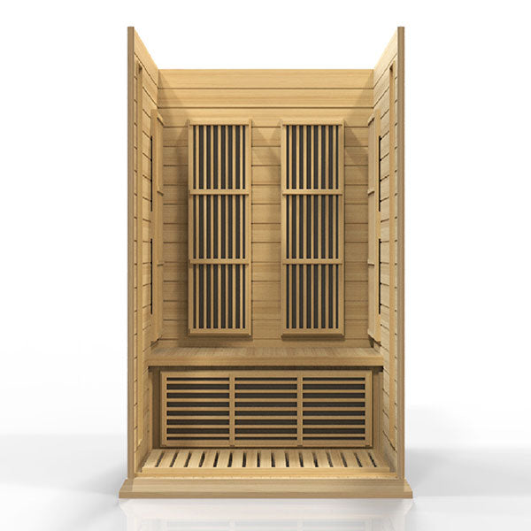 A Maxxus 2-Person Low EMF FAR Infrared Sauna (Canadian Hemlock) with a wooden door, featuring MAXXUS FAR infrared technology for maximum relaxation and the Maxxus Low EMF system for a safe and efficient experience.