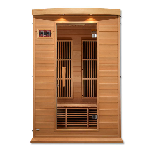 A Maxxus Saunas 2-Person Low EMF FAR Infrared Sauna (Canadian Hemlock), constructed out of wood, sitting on a white background.