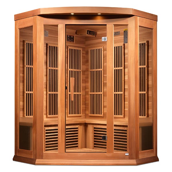 The Maxxus Saunas "Chaumont Edition" far infrared sauna is crafted from high-quality wood and features elegant glass doors. With its Maxxus 3-Person Corner Near Zero EMF FAR Infrared Sauna (Canadian Red Cedar), this wooden sauna provides a safe experience.